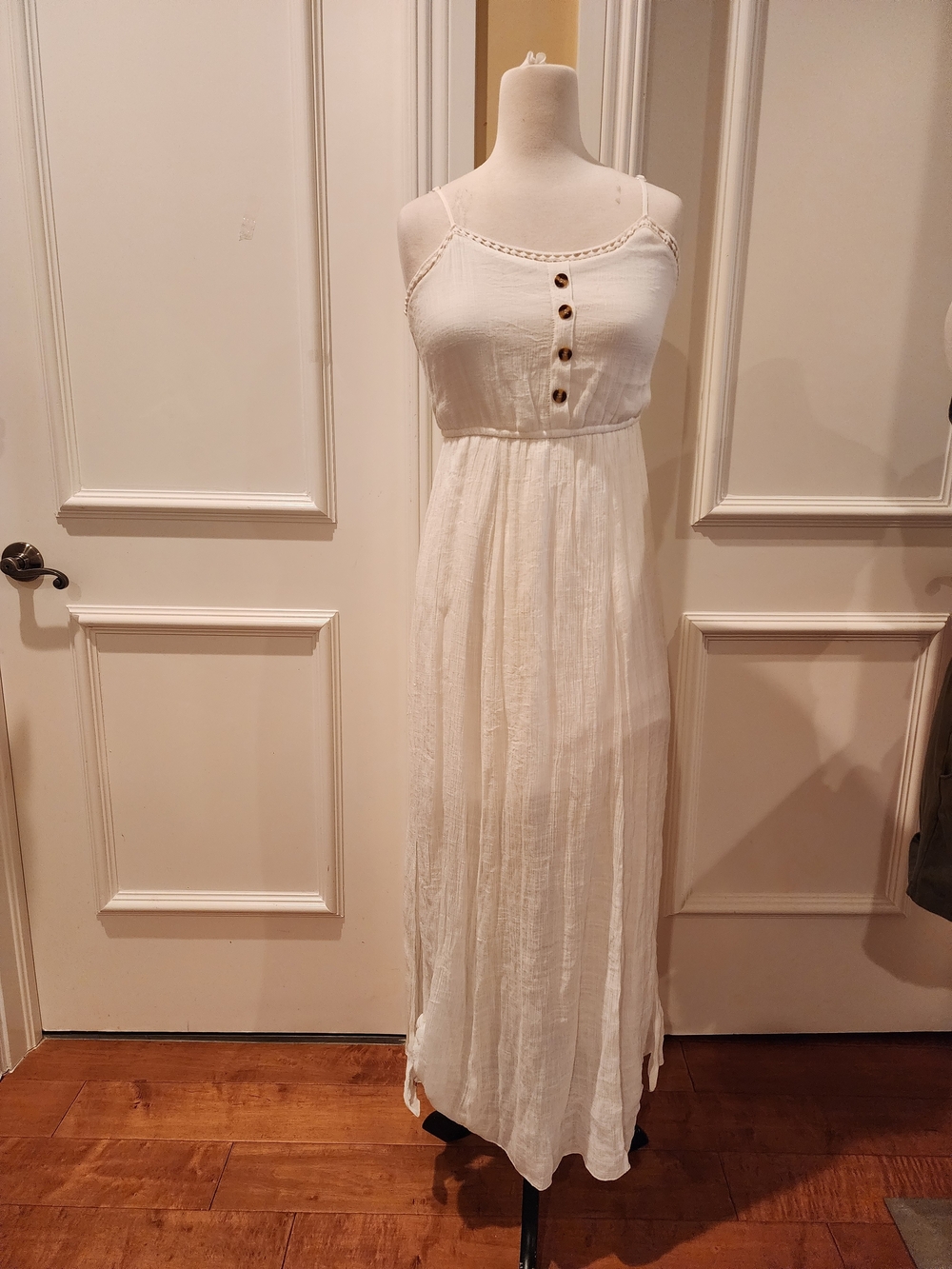 Boho Dress Say What? White Spaghetti-Strap Maxi Dress with Front Buttons